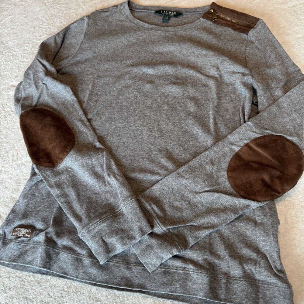 Lauren Ralph Lauren Gray Crew Neck Knit Pullover Sweater Elbow Patches L/G